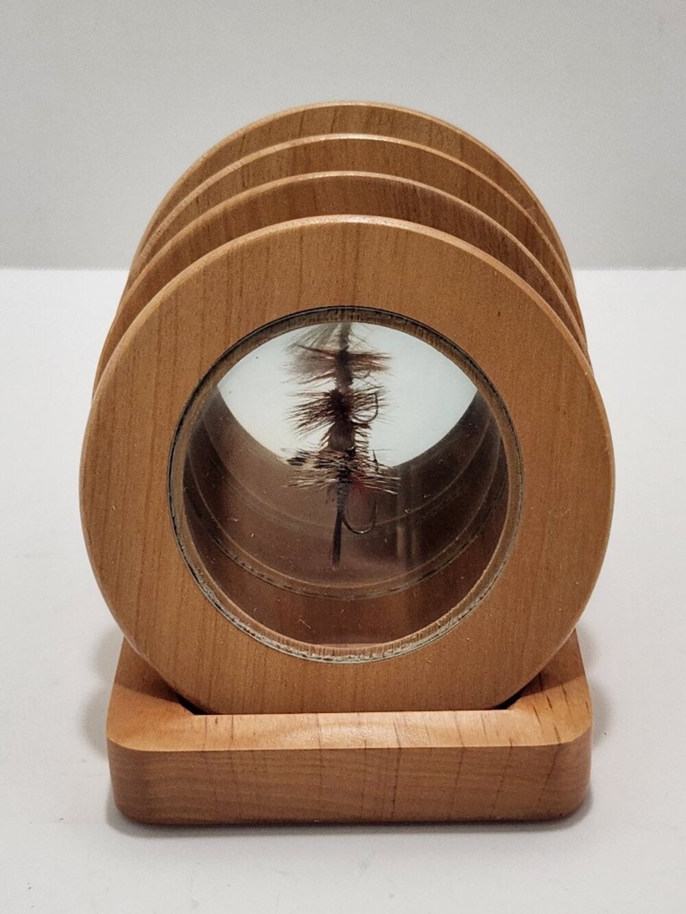 Vintage Wood Coasters With Stand "Fly Fishing Lures" Set 0f 4